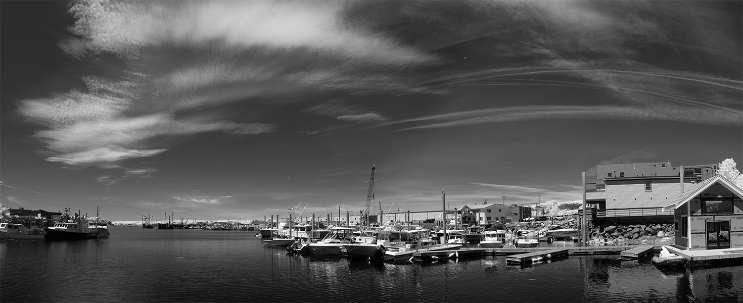 Infrared Panorama of Harbor, Boats, and Great Sky.